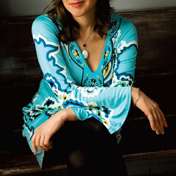 Hale Bob Cabana Artsy Silk Blend Beaded V-Neck Beach Cover Tunic sz small blue - Picture 2 of 9